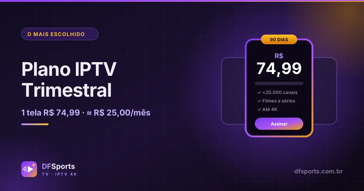 Cartão de preço do Plano IPTV Trimestral por R$ 74,99